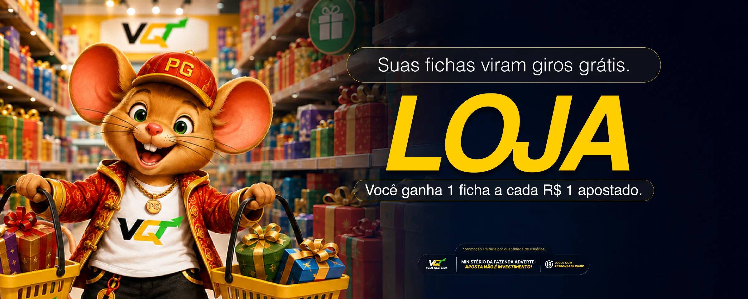 Loja: suas fichas viram giros grátis. Você ganha 1 ficha a cada R$ 1 apostado.